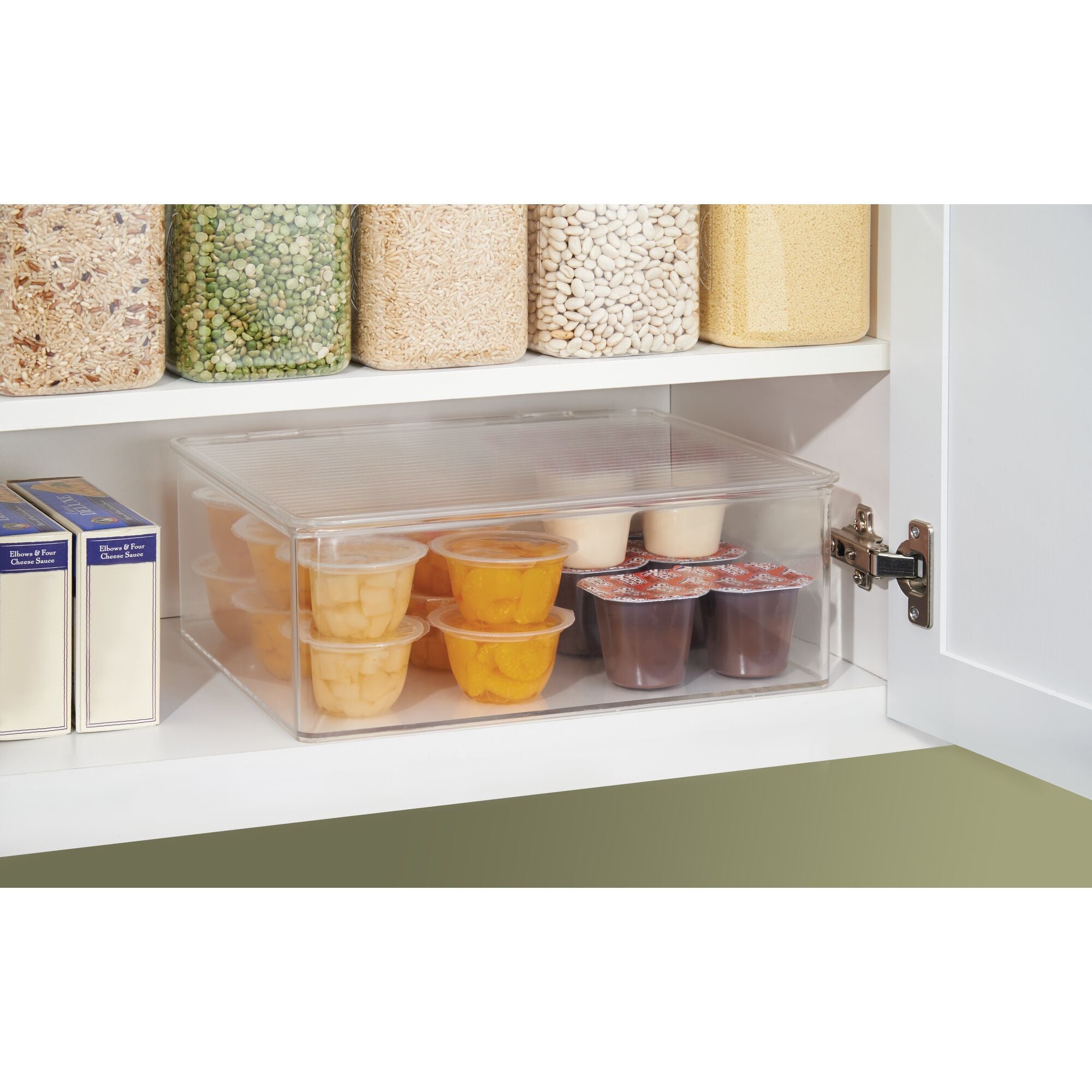 mDesign Plastic Kitchen Pantry and Fridge Storage Organizer Box Containers with Hinged Lid for Shelves or Cabinets, Holds Food, Snacks, Canned Drinks, Seasoning, Condiments, or Utensils, 4 Pack, Clear