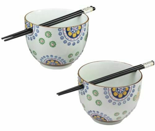 1 Japanese Design Ceramic Spring Flowers Ramen Noodles Bowl and Chopsticks Set of 2 EBR02