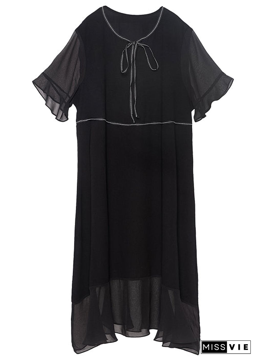 Modern Black O-Neck Ruffles Lace Up Chiffon Long Dress Summer