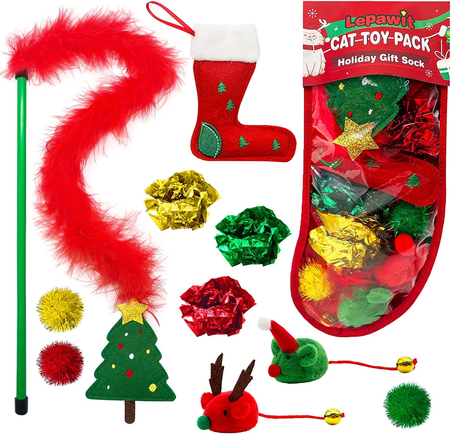 Lepawit Cat Christmas Stocking， 10 Pack Christmas Cat Toys， for Cats， Interactive Cat Feather Toy with Catnip， Cat Ball Toys， Crinkle Balls for Cat， Mice Toys for Indoor Cats and Kitten