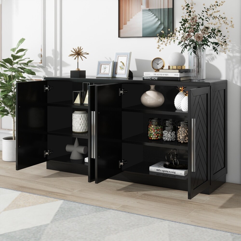 Sideboard with 4 Doors Large Storage Space Buffet Cabinet with Adjustable Shelves and Silver Handles for Dining Living Room