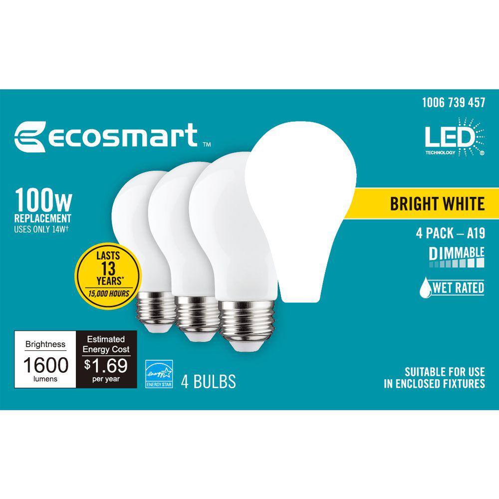 EcoSmart 100-Watt Equivalent A19 Energy Star Dimmable LED Light Bulb Bright White (4-Pack) A19J14DE26830Z