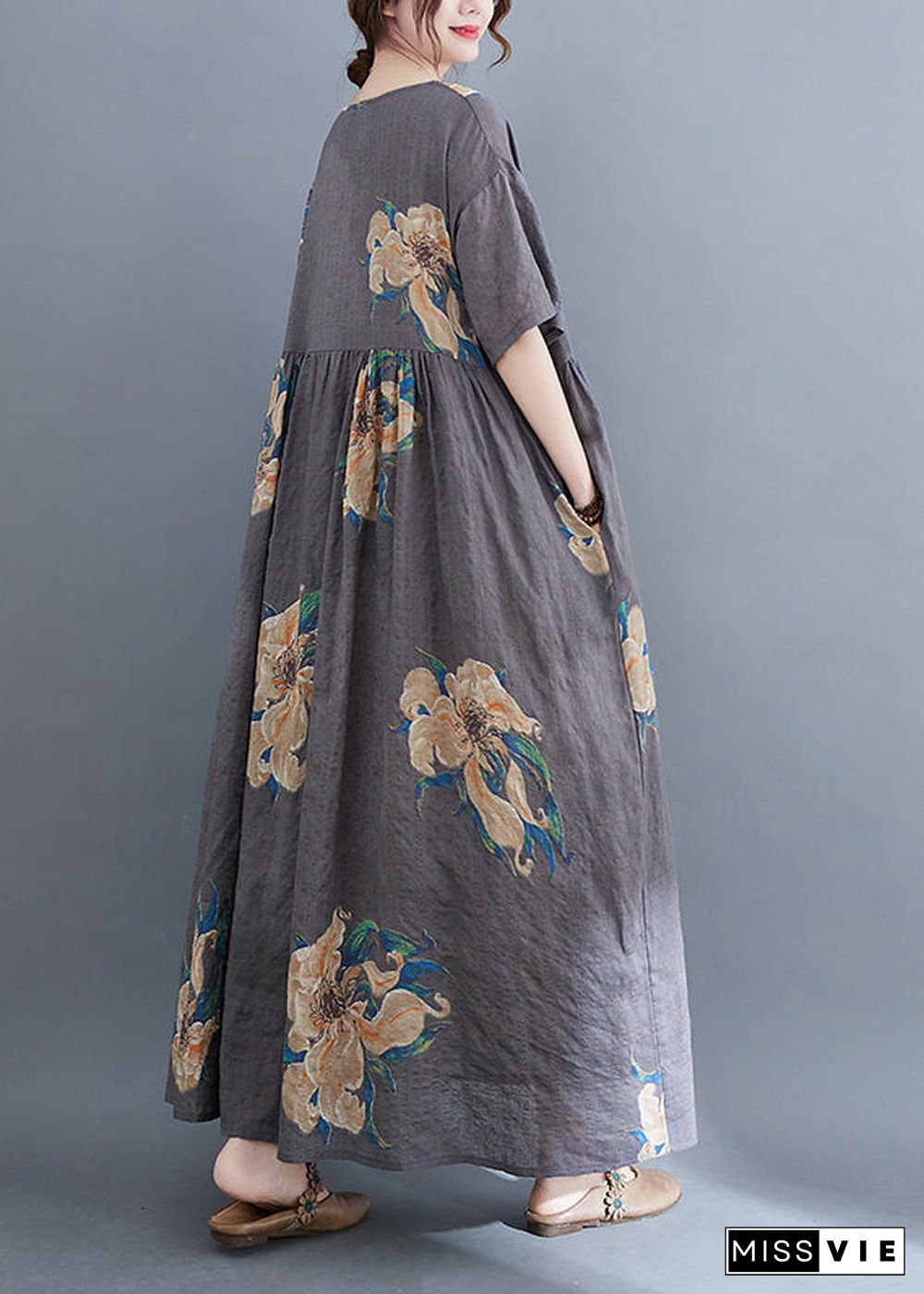 Unique Grey O-Neck Print Patchwork Robe Dresses Summer