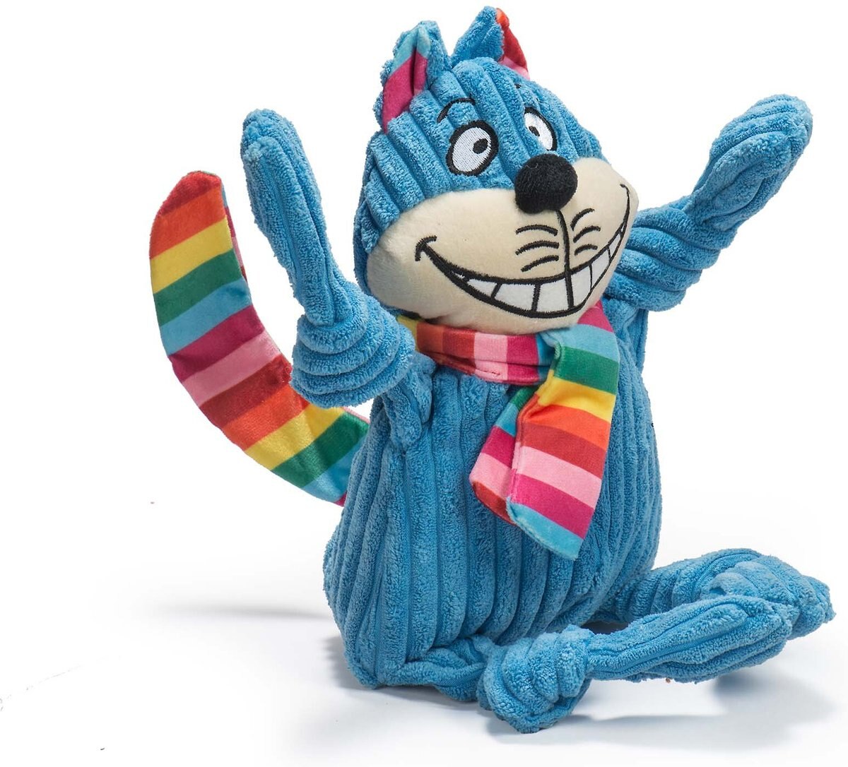 HuggleHounds Rainbow Durable Plush Corduroy Knotties Chesire Cat Squeaky Dog Toy