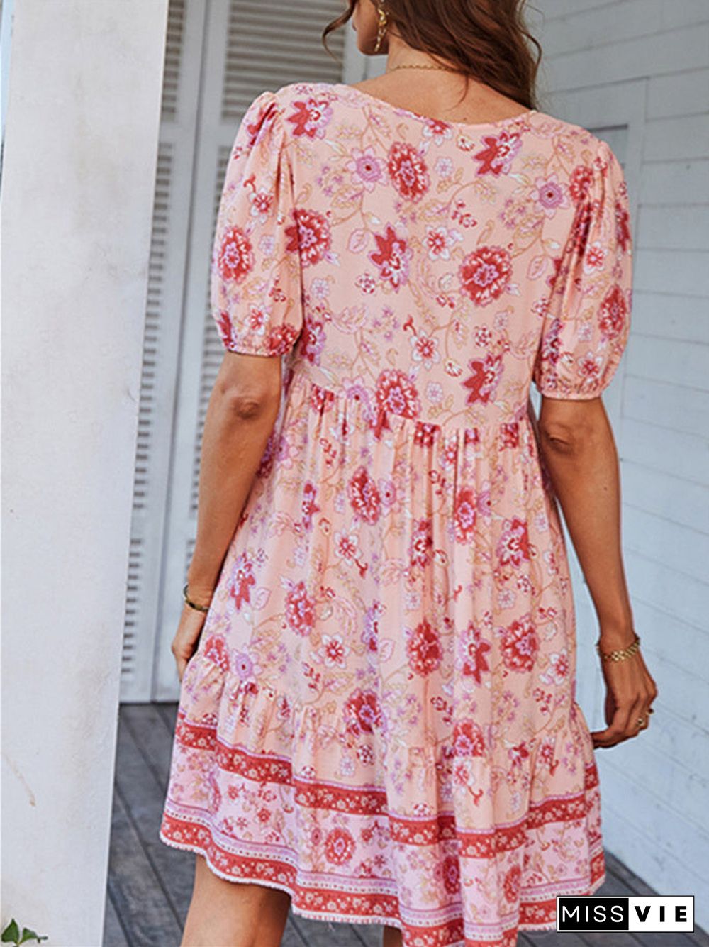 Women's Short Sleeve V-neck Graphic Floral Printed Midi Dress