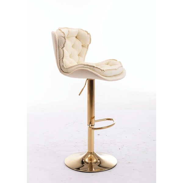 Set of 2 Bar Stools，with Chrome Footrest and Base Swivel Height Adjustable Mechanical Lifting Velvet + Golden Leg