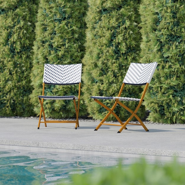 Flash Furniture Rouen Set Of Two Folding French Bistro Chairs In Pe Rattan With Metal Frames For Indoor And Outdoor Use