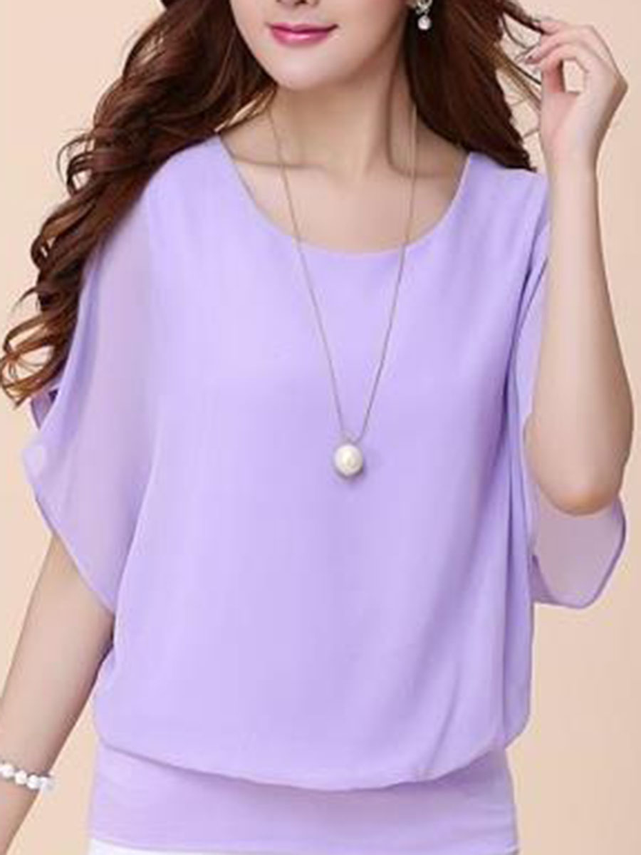 Spring Summer  Blend  Women  Crew Neck  Plain  Short Sleeve Blouses