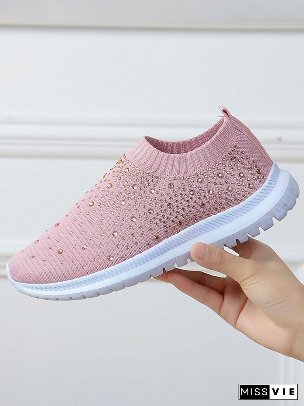 Rhinestone Design Portable Overfoot Lightweight Flyknit Sneakers