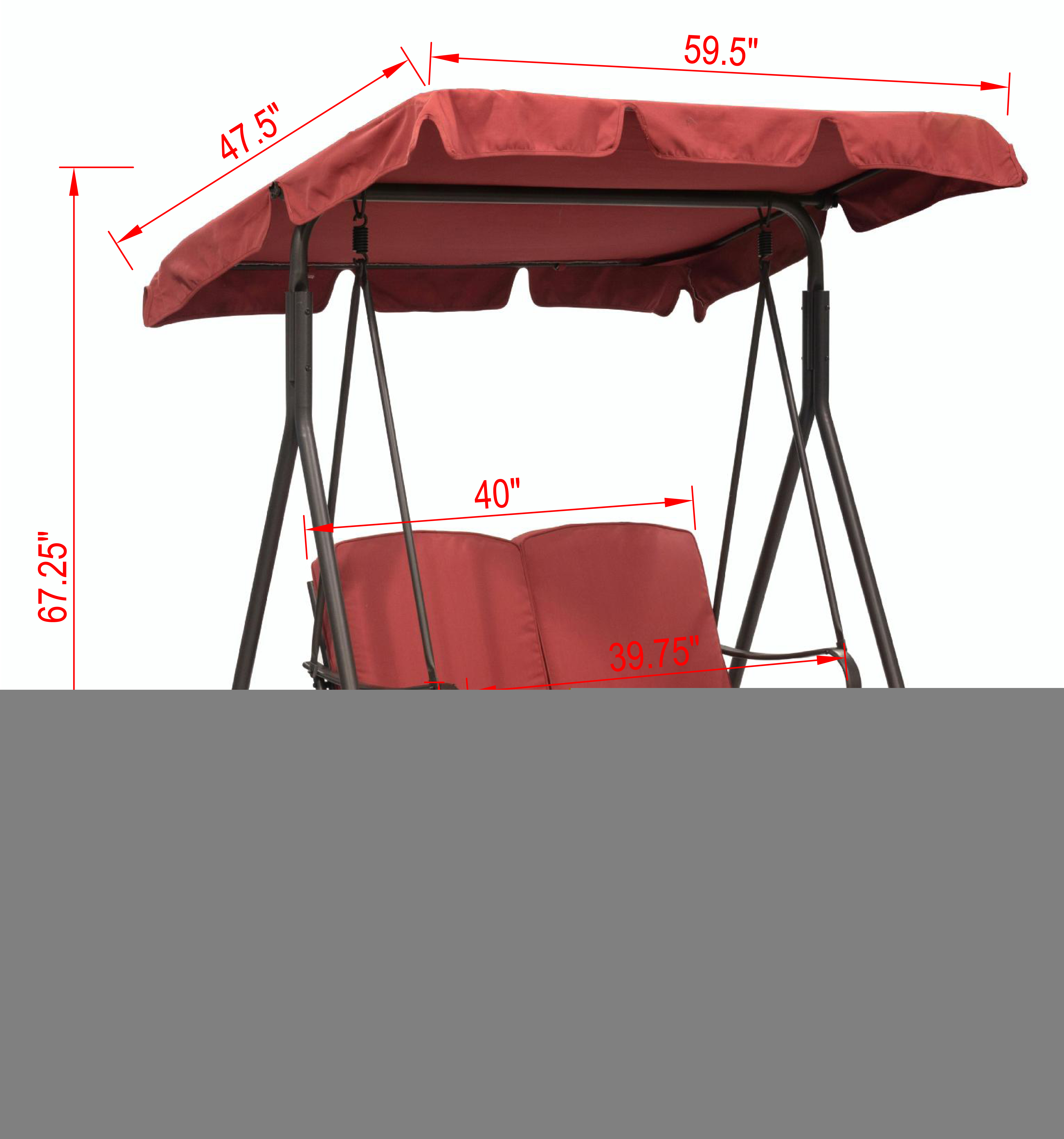 Outdoor Patio Garden Furniture Augusta 2-Person Hanging Porch Swing W/Top Canopy and Seat and Back Cushions -Red