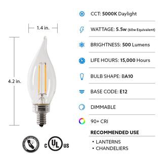 Feit Electric 60-Watt Equivalent BA10 E12 Candelabra Dimmable Filament CEC Clear Chandelier LED Light Bulb Daylight 5000K(4-Pack) BPCFC60950CAFIL4