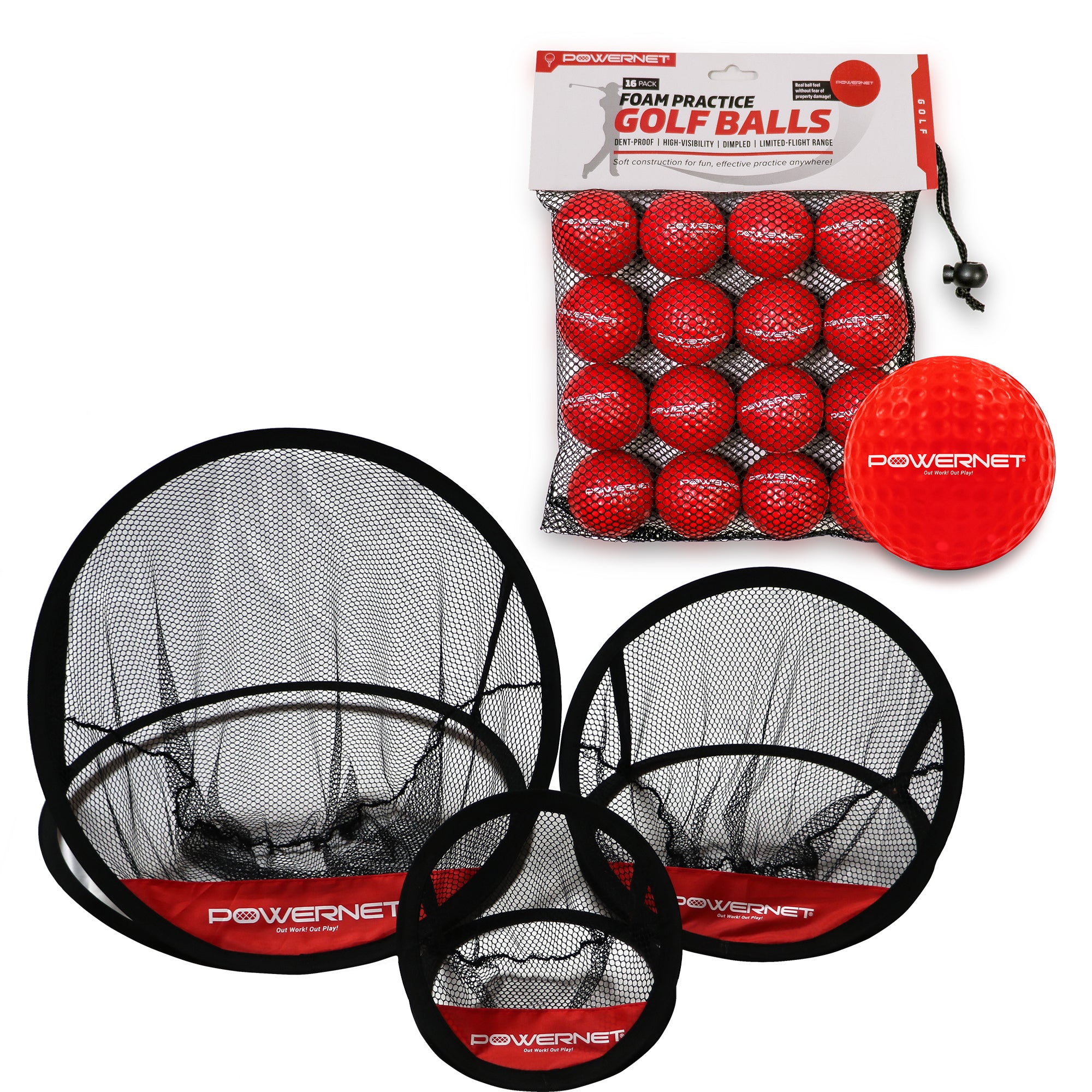 PowerNet 3 Piece Golf Chipping Nets and 16 Pack Practice Foam Golf Balls Bundle | 3 Sized Chipping Nets Included