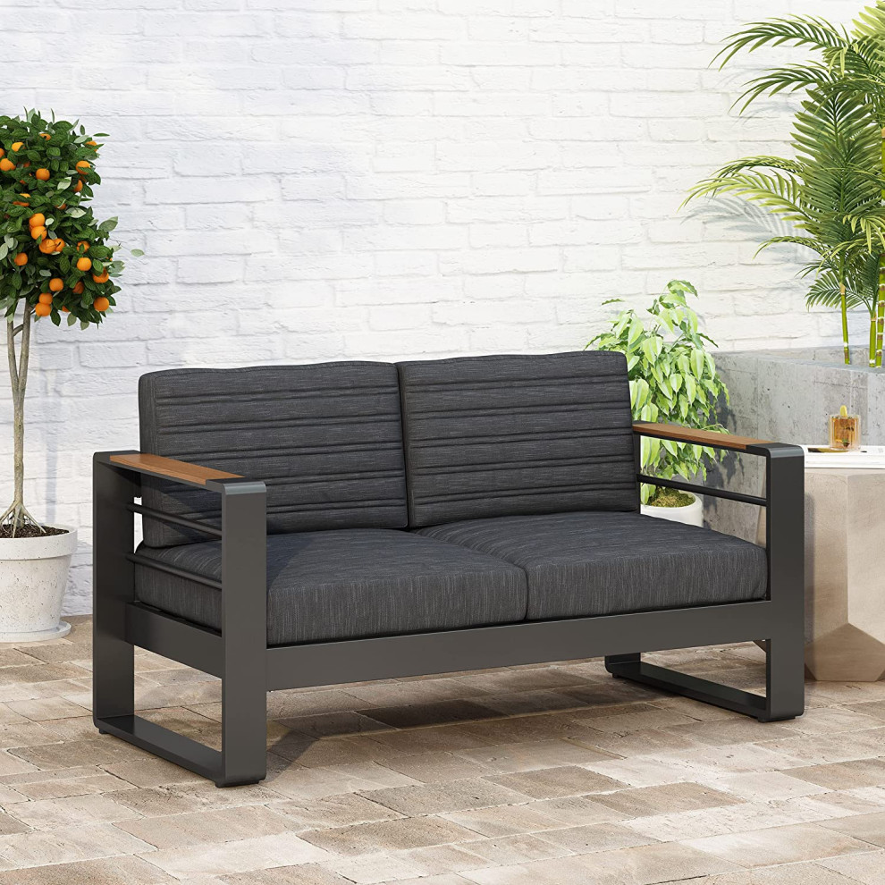 Contemporary Outdoor Loveseat  Aluminum Frame With Channel Tufted Cushions   Transitional   Outdoor Loveseats   by Decor Love  Houzz