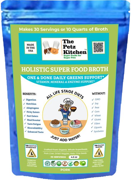 The Petz Kitchen Holistic Super Food Broth One and Done Daily Greens Support Pork Flavor Concentrate Powder Dog and Cat Supplement， 4.5-oz bag