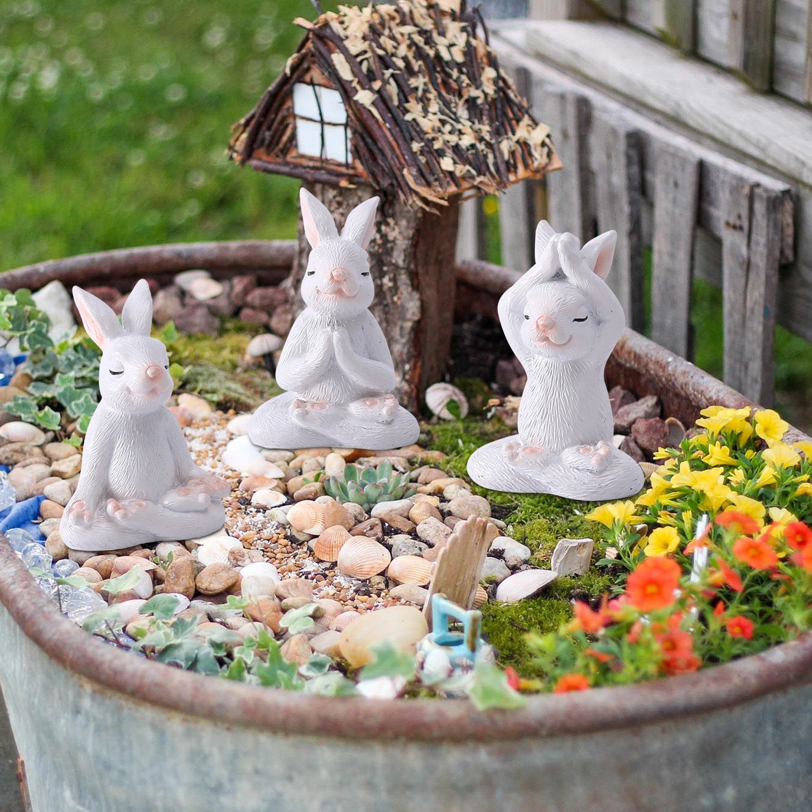 Goodeco Yoga Rabbit Fairy Garden Statues - Gifts for mom/Grandma/Wife/Daughter/Sister,Birthday Gifts for Women/Mother Desk Decor,Best Easter Gifts,Yard Decor 1.5*2.1 Set of 3