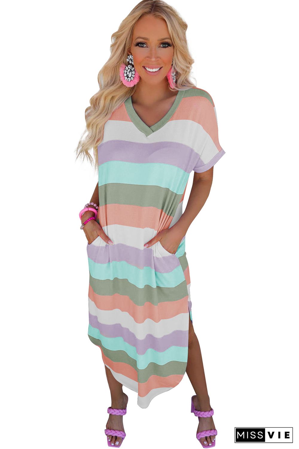 Striped Side Split Pockets V Neck T Shirt Midi Dress