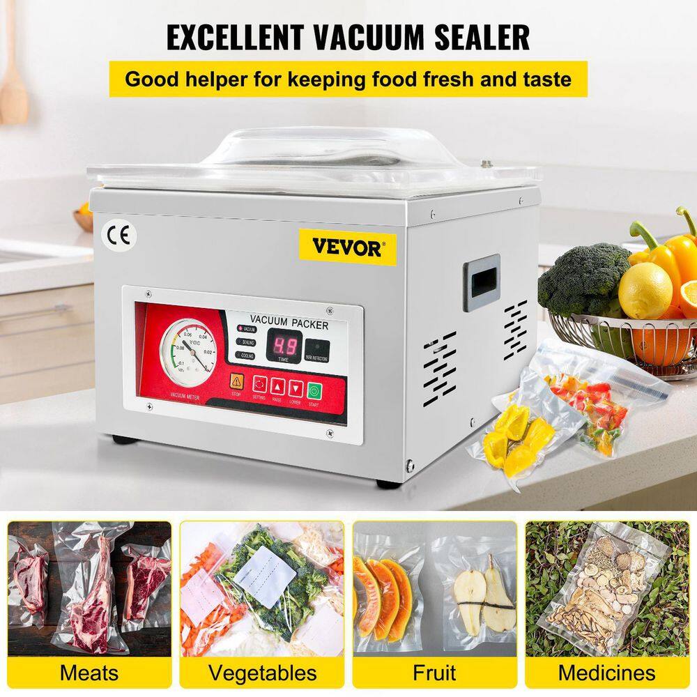 VEVOR Silver Chamber Vacuum Sealer 110-Volt Kitchen Packaging Machine 180 Watt 6.5 m³h Pump for Meats Fruit Saver (Set of 9) TSZK6CBMH110VRX5VV1