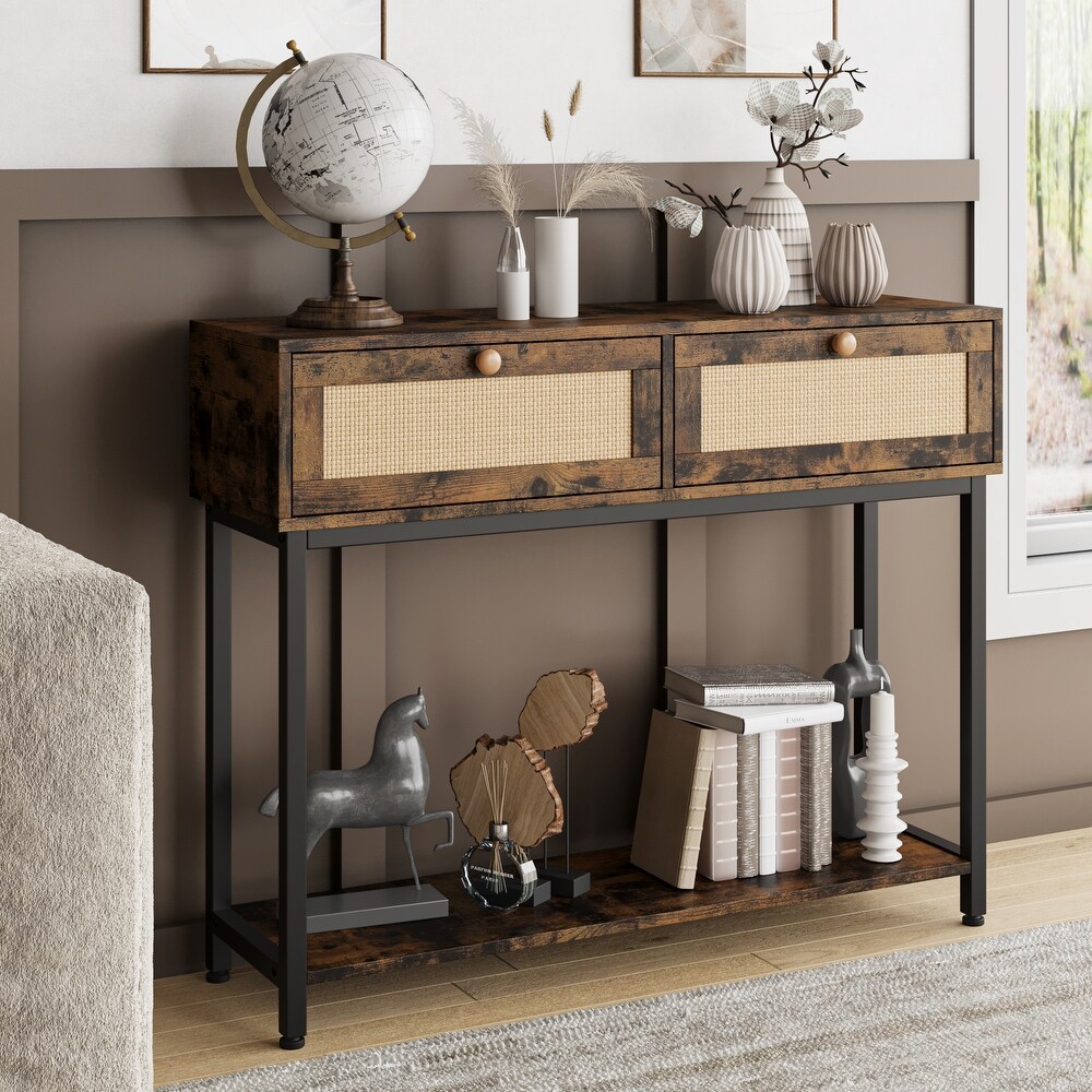 Rattan Console Table with 2 Drawers