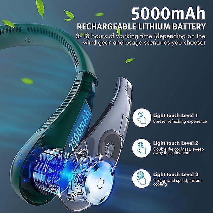 Portable Foldable Leafless Neck Fan， 5000 Mah Rechargeable Battery， 3-speed Adjustment， Suitable For Outdoor Green