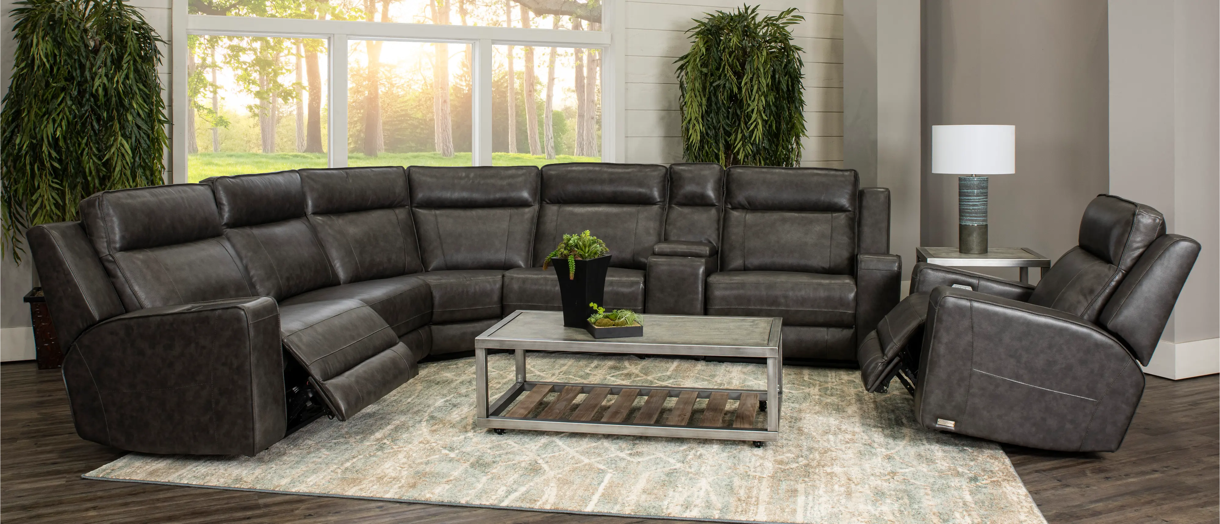 Dynasty Dark Gray Leather 6 Piece Triple Power Reclining Sectional