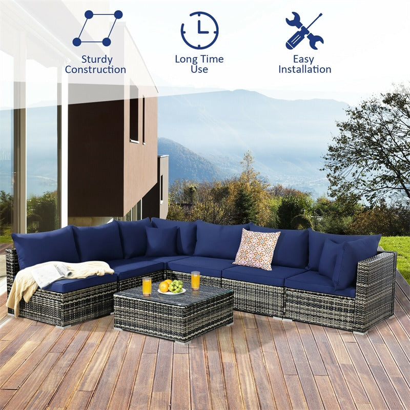 7 Pcs Rattan Patio Sectional Couch Set Outdoor Wicker Furniture Set with Cushions & Coffee Table