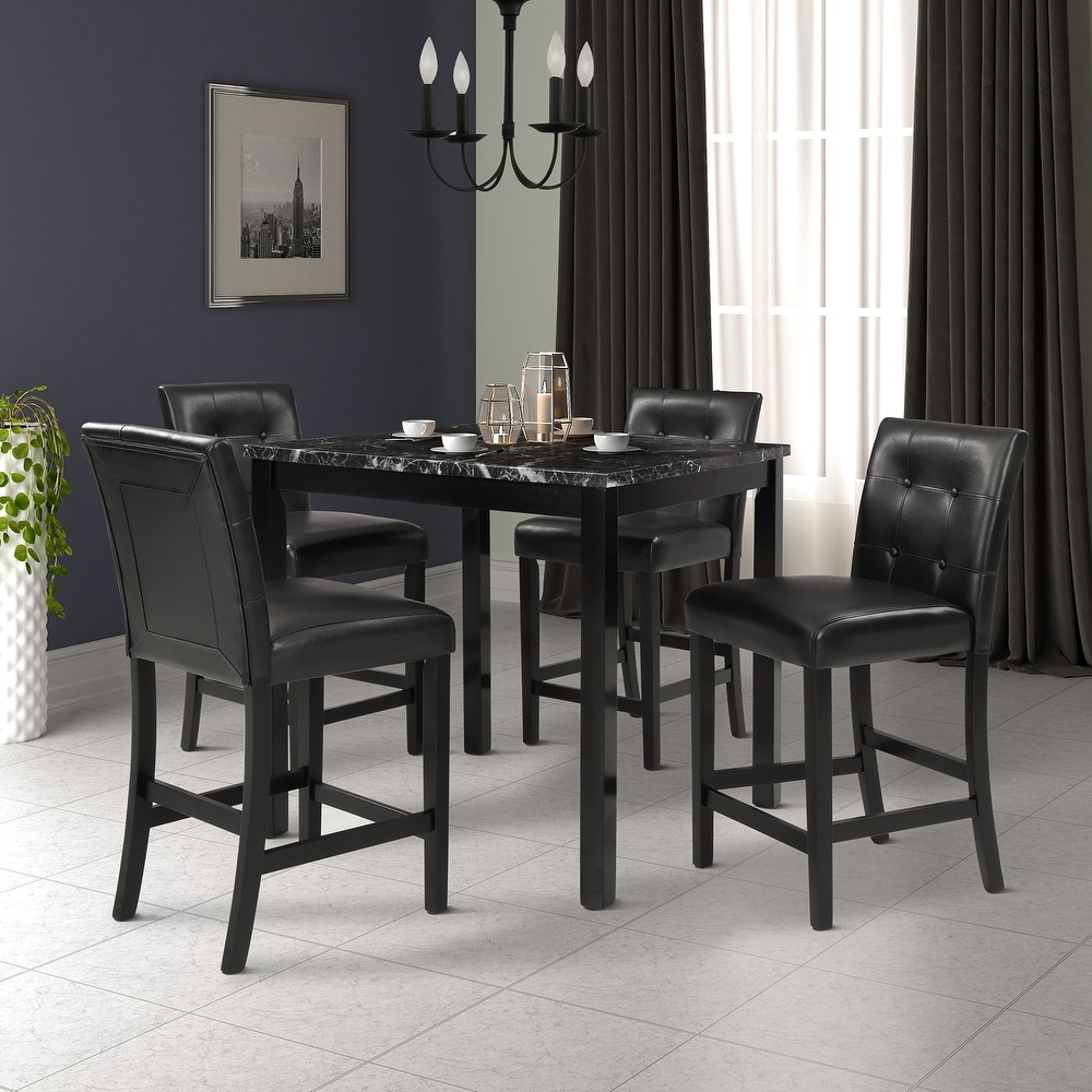 5 Pc Kitchen Table Set  Counter Height Dining Table Set with 4 PU Leather Upholstered Chairs  Faux Marble Top  Solid Wood Frame