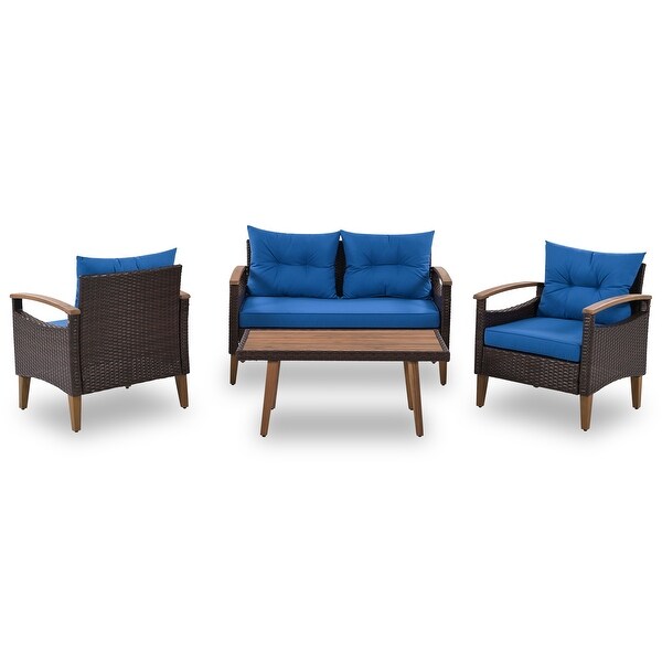 4-Piece Garden Furniture， Patio Conversation Sets， PE Rattan Outdoor Sofa Seating Set with Wood Table and Adjustable Legs Design - Overstock - 37503676