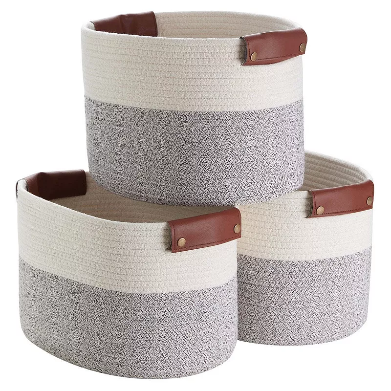 3 Pack Woven Cotton Rope Shelf Storage Basket with Leather Handles