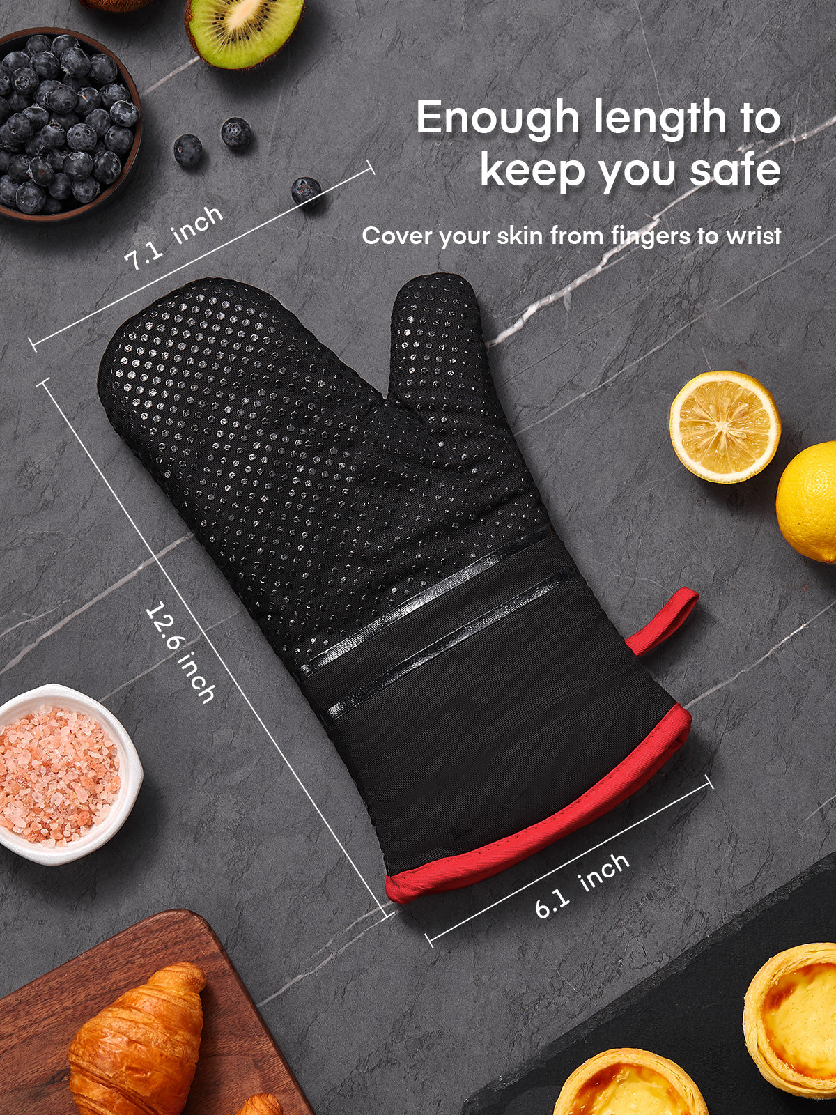 Oven Mitts， Heat Resistant Kitchen Oven Gloves 572°F， Non-Slip Silicone Surface， Extra Long Flexible Thick Mitts for Kitchen ， Cooking ， Baking ， BBQ ， Black