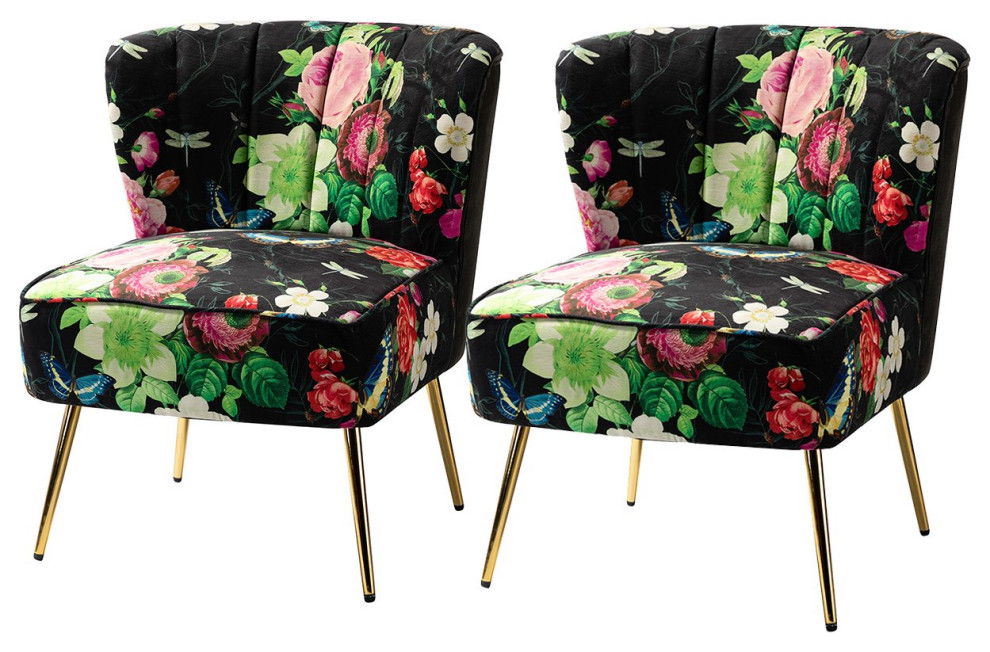 Set of 2 Accent Chair  Wide Seat  ampCurved Back With Floral Upholstery   Midcentury   Armchairs And Accent Chairs   by Decor Love  Houzz