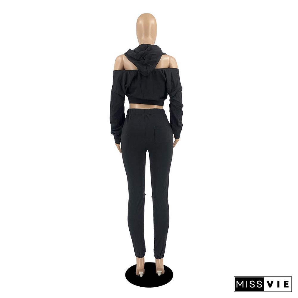 Cross Bandage Hooded Crop Top Hole Pants Outfits