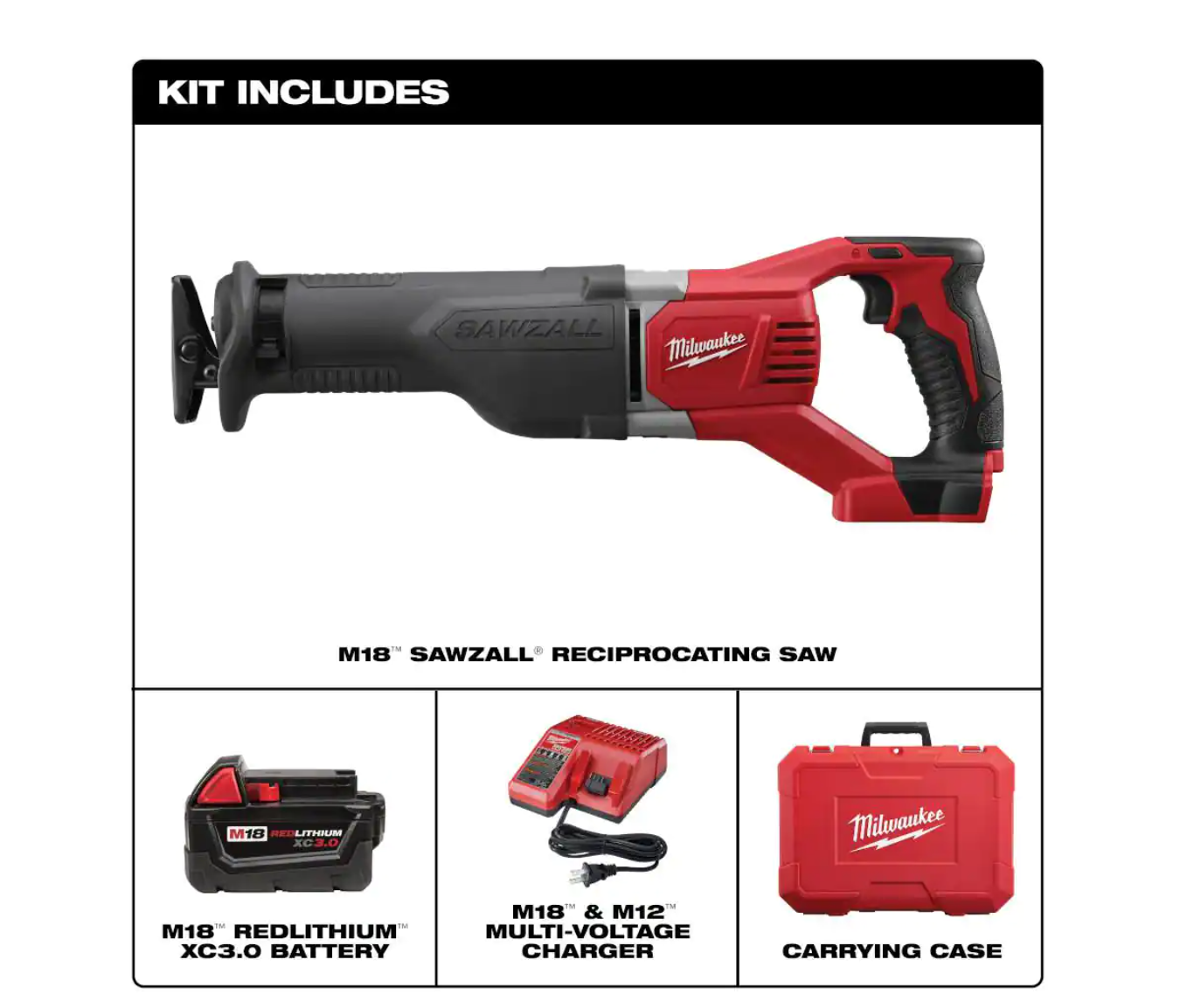 Milwaukee 2621-21 M18 18V Lithium-Ion Cordless SAWZALL Reciprocating Saw W/(1) 3.0Ah Batteries， Charger， Hard Case