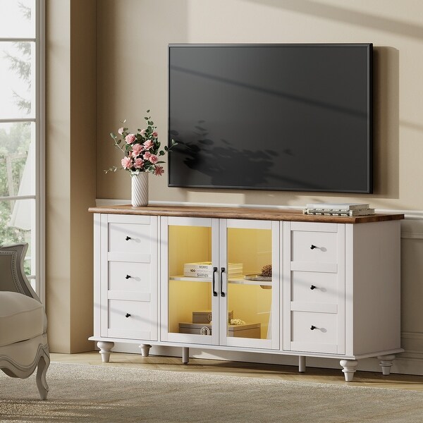 WAMPAT Farmhouse TV Stand with Storage Cabinet， Glass and Wood Entertainment Center Console Table - 58''