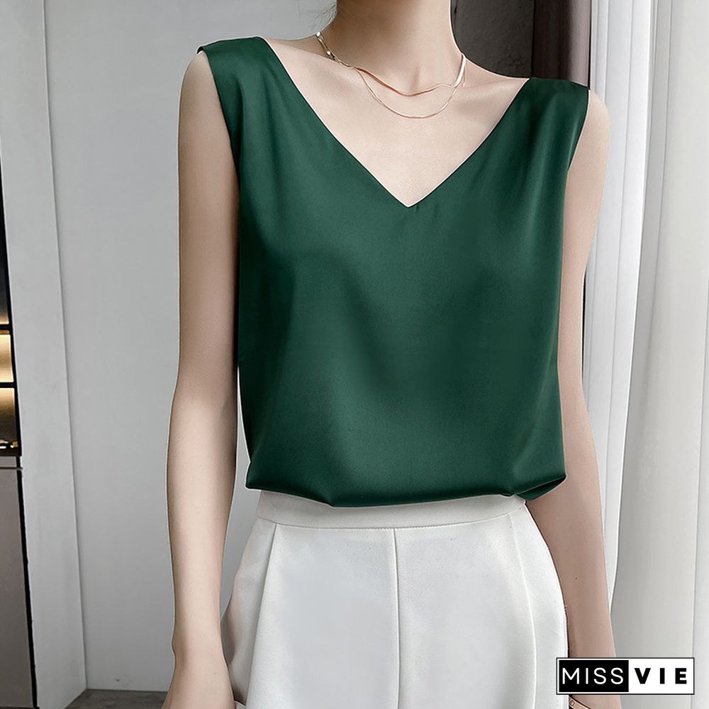 Summer V Neck Suspender Vest Female Ice Satin Silk Camisole Women Outer Wear Sleeveless Top With Small Suit Inner Base Shirt