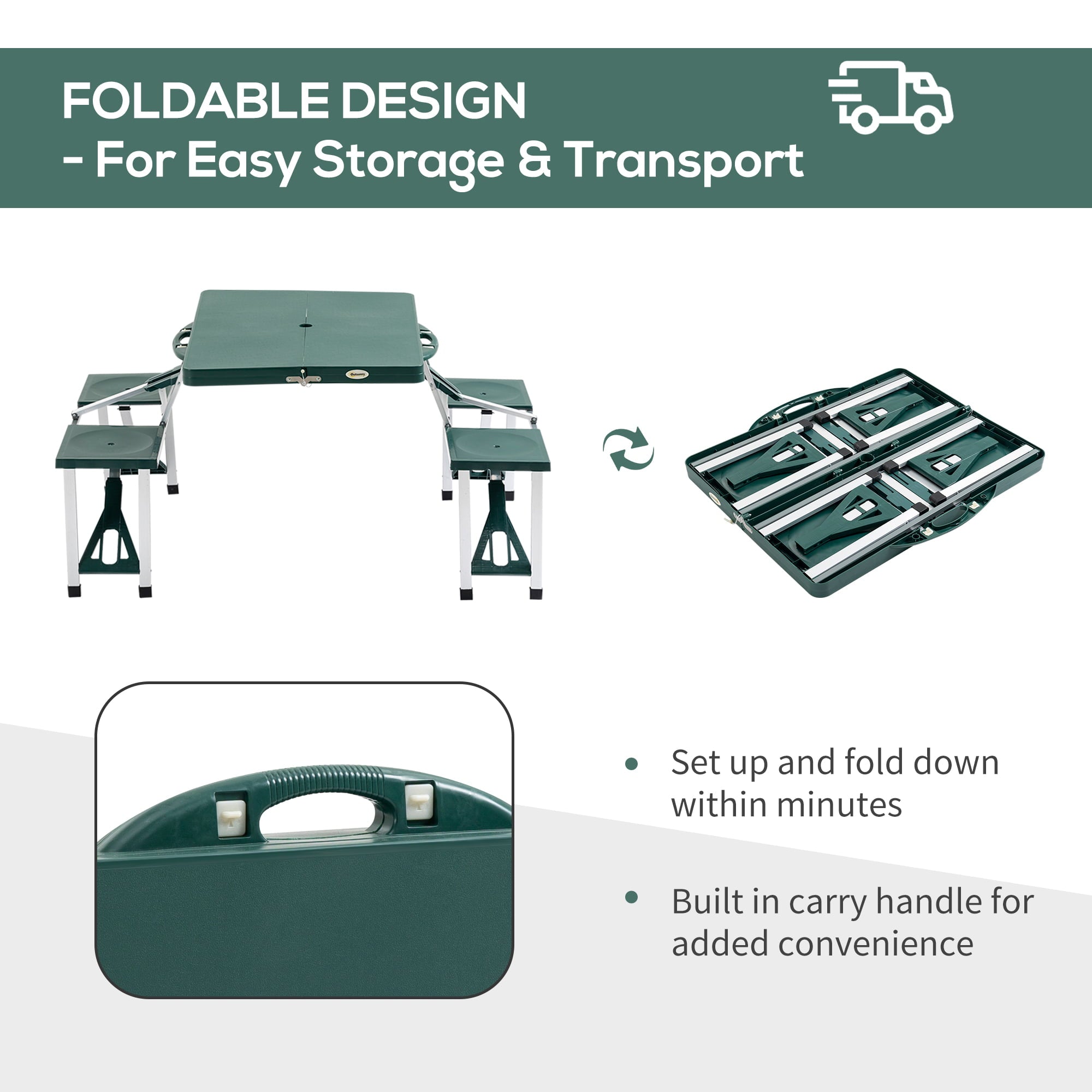 Outsunny 4 Person Plastic Portable Compact Folding Suitcase Picnic Table Set with Umbrella Hole - Green