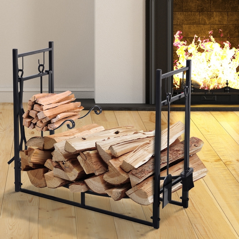 Outsunny Wrought Iron Metal Heavy Duty Firewood Rack Indoor   Outdoor with Fireplace Tool Set