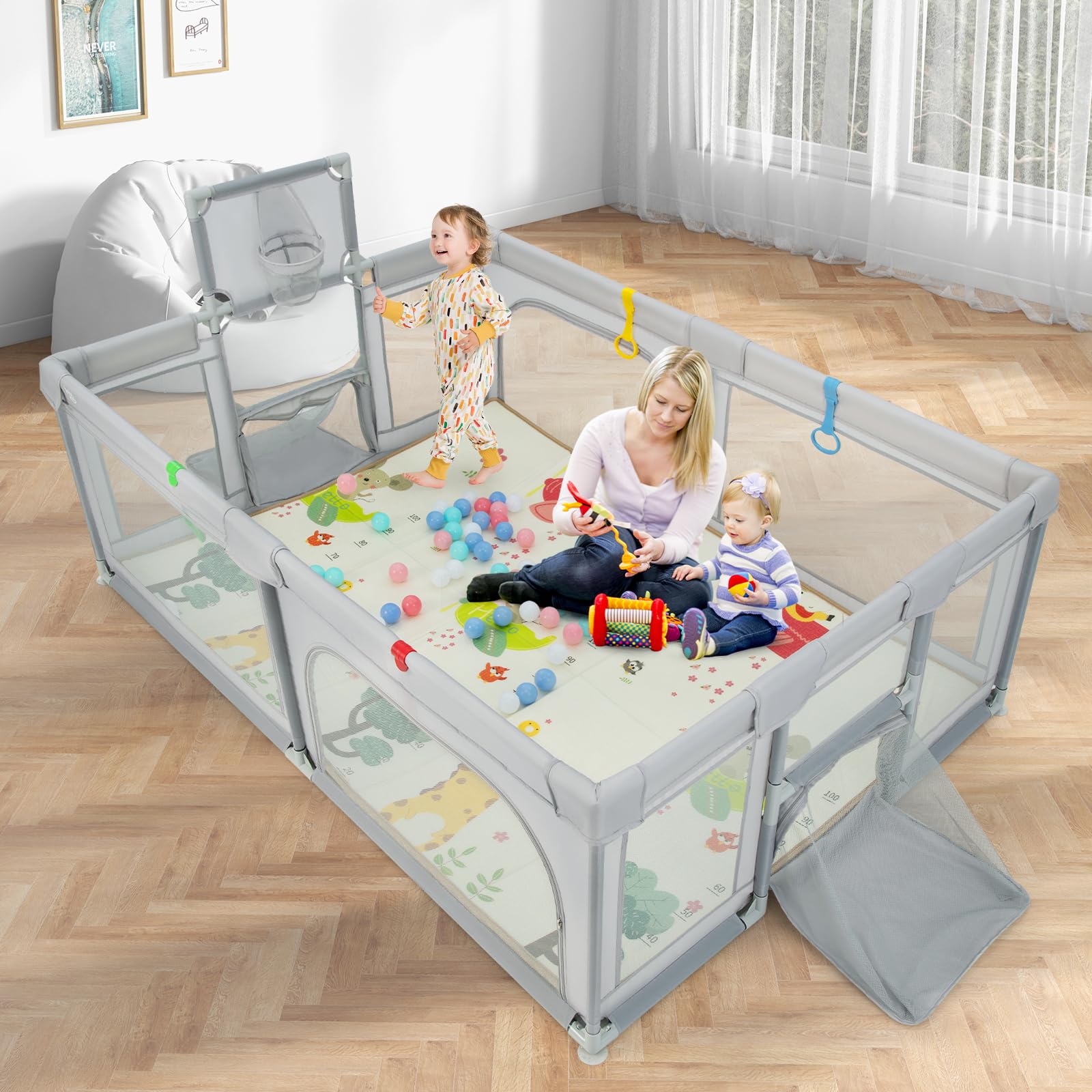 Costzon Large Baby Playpen with Mat, Playpen for Babies and Toddlers w/Basketball Hoop & Soccer Nets