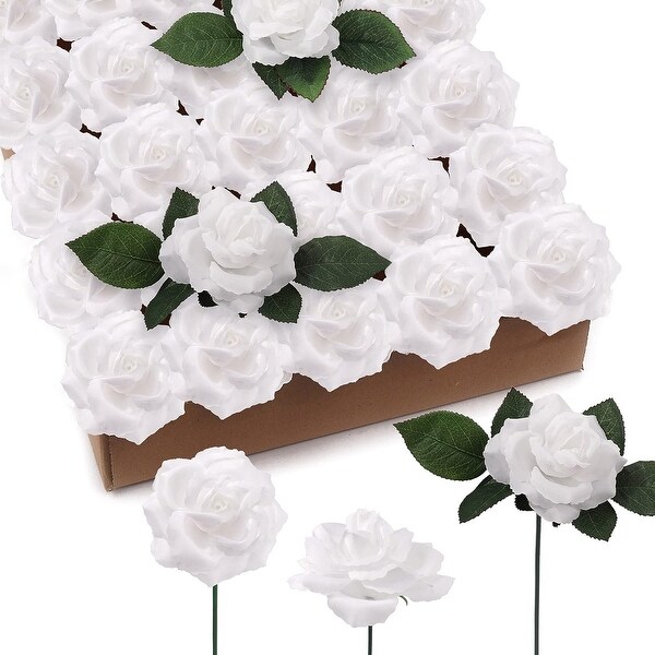 100pcs White Rose PicksSilk Roses with Flexible 8 Stems