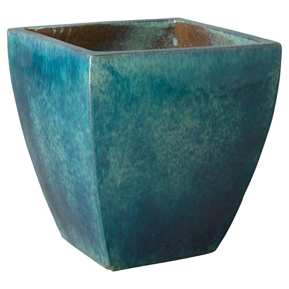 Emissary 19 in. L x 21 in. H Teal Ceramic Square Planter with Drainage Hole 0554TL-3