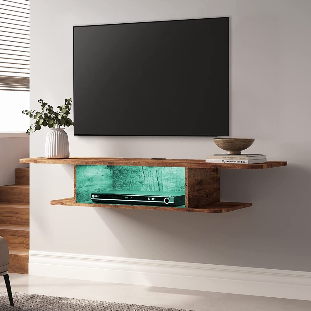 FITUEYES 2 Tier Floating TV Stand with LED Light  Floating TV Shelf Under TV for Living Room  Brown