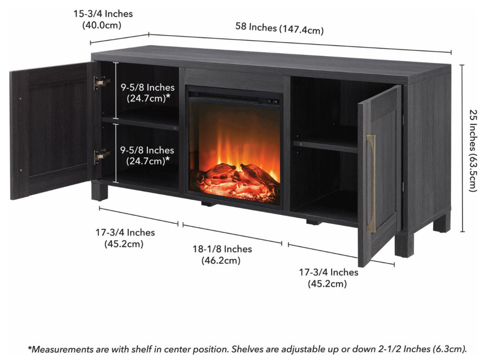 Transitional TV Stand  Fireplace  Side Cabinets With Brass Pulls  Charcoal Gray   Transitional   Entertainment Centers And Tv Stands   by Declusia  Houzz