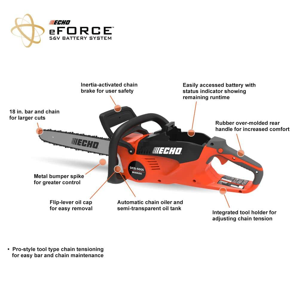 ECHO DCS-5000-18C2 eFORCE 18 in. 56V Cordless Battery Chainsaw with 5.0Ah Battery and Charger