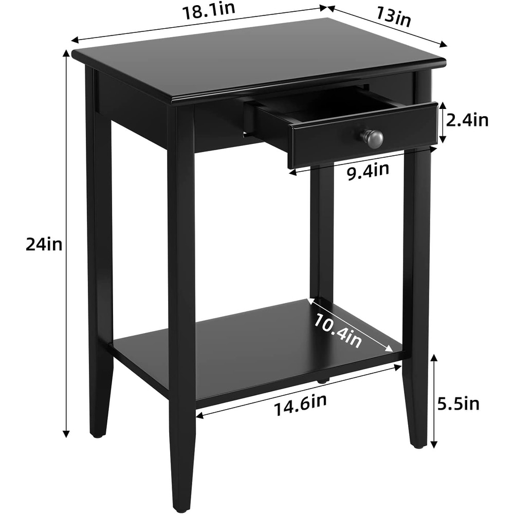 Table with Drawer Black End Table Narrow Bedside Tables with 2 Tier Storage Shelves Versatile Night Stand