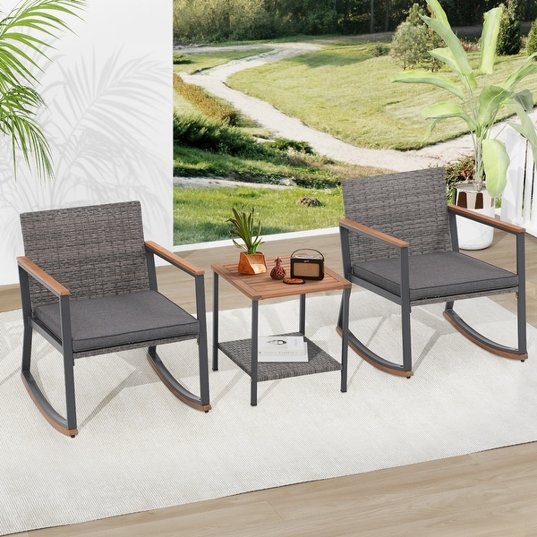 3 Piece Rocking Chair Patio Bistro Set Balcony Chairs Conversation Sets With Coffee Table and Cushions