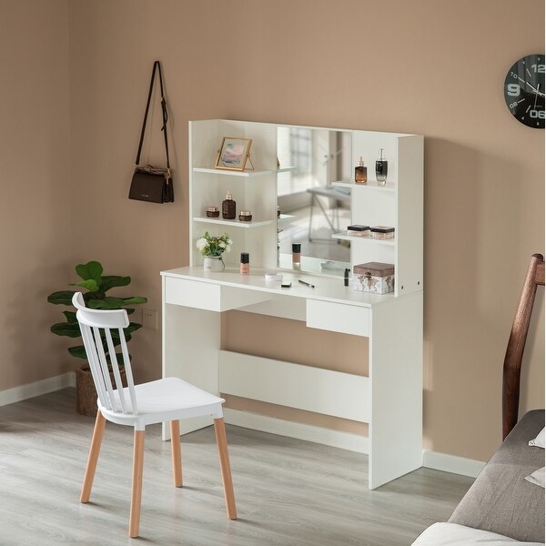 Modern Wooden Dressing Table with Drawer，Mirror and Shelves