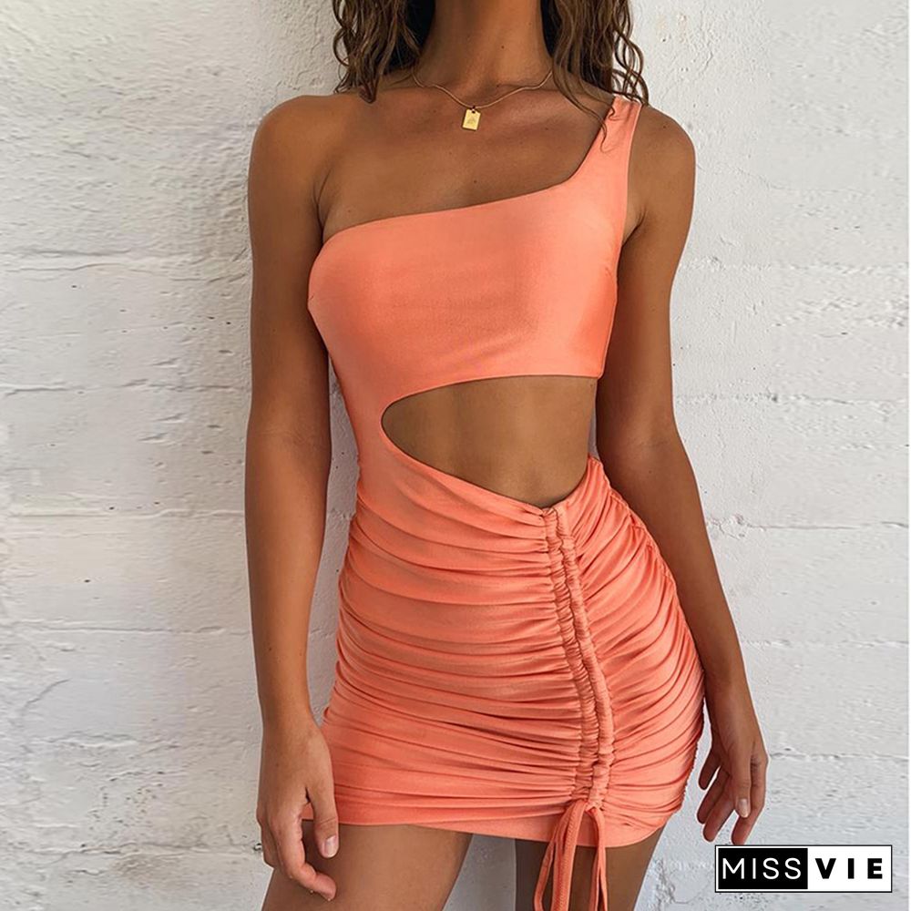 Mini Bodycon Summer Dress Women Club Hollow Out Ruched Backless Orange White Black Party Bandage Women Sexy Dresses