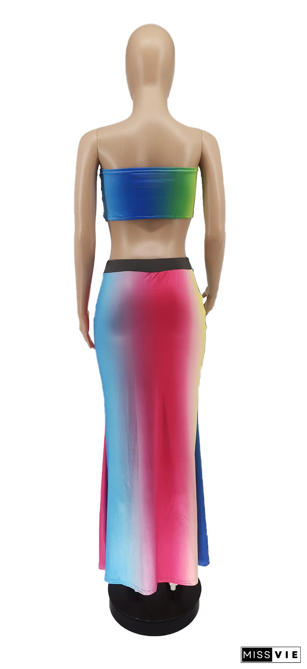 Rainbow Gradient Off Shoulder Bow Tie Crop Top Long Skirt 2 Piece Set