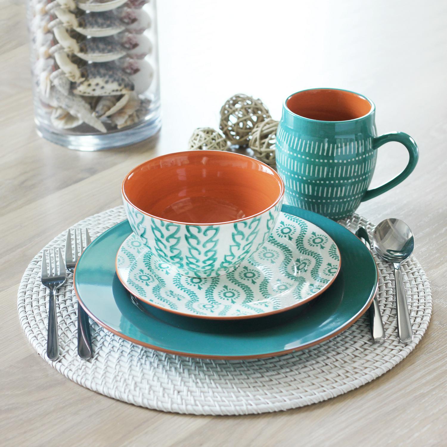 Ankara 16 Piece Stoneware Dinnerware Set， Turquoise