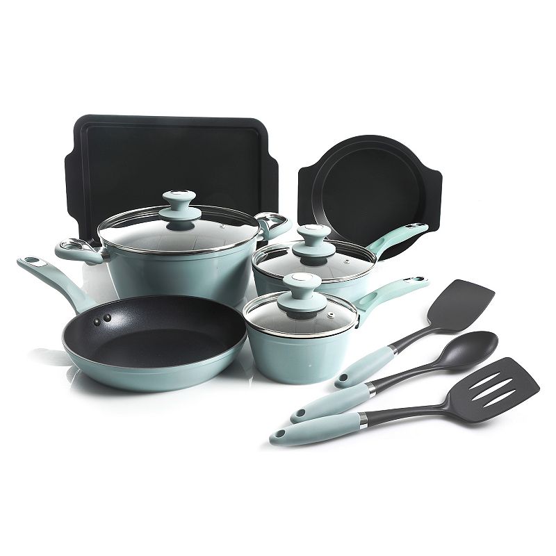 Oster Cocina Lynhurst 12 Piece Nonstick Aluminum Cookware Set in Blue with Kitchen Tools