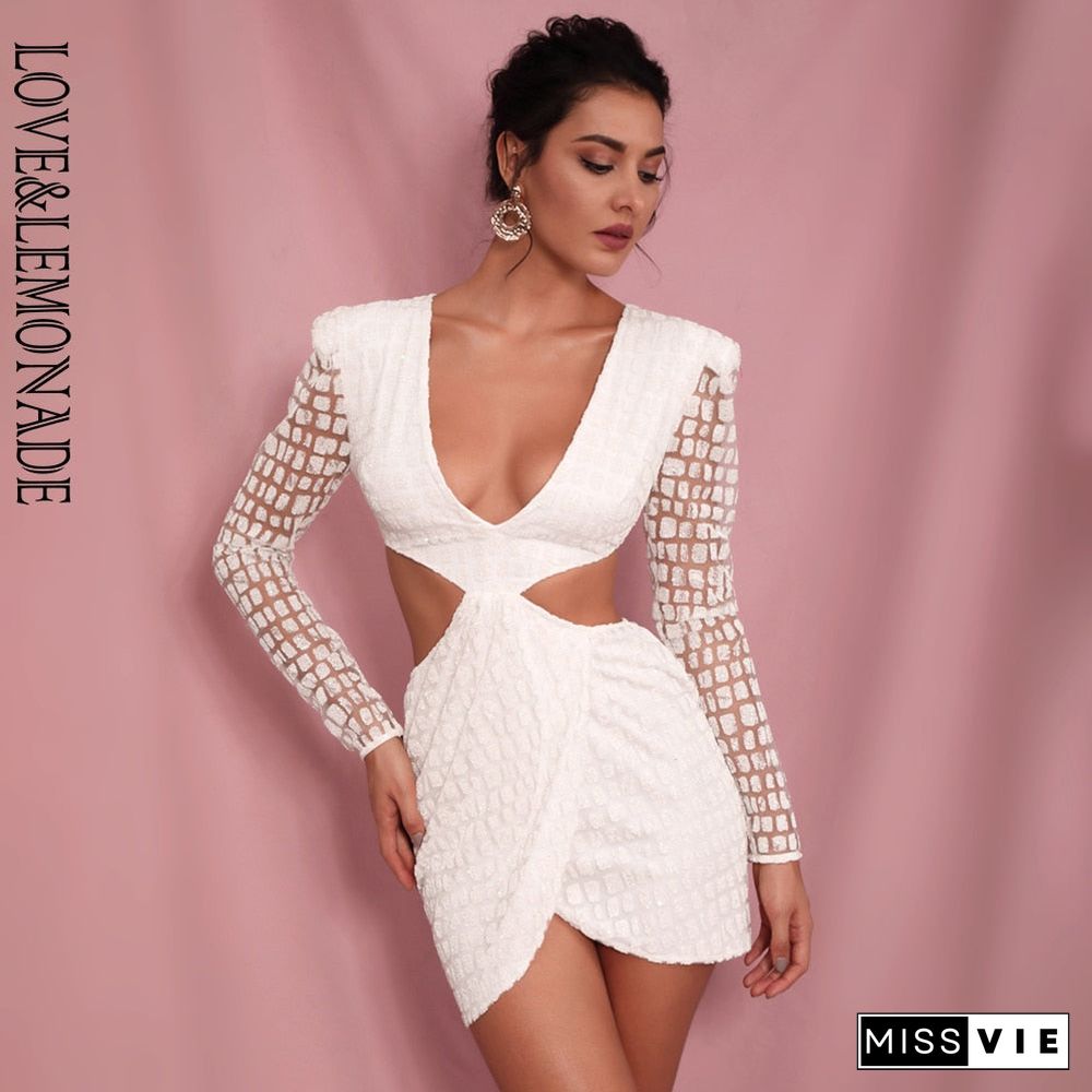 Love&Lemonade Sexy White Deep V-Neck Open Back Cross Glitter Glued Material Slim Fit Party Dress Lm82065